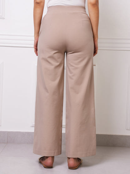 Beige High-Waist Wide-Leg Trousers