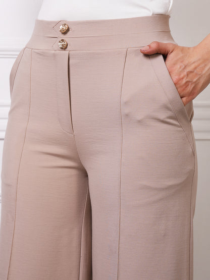 Beige High-Waist Wide-Leg Trousers