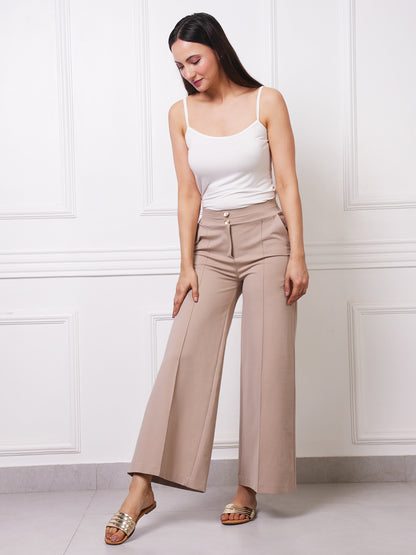Beige High-Waist Wide-Leg Trousers