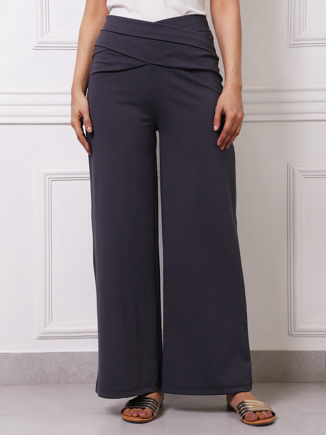 Grey Cross-Waist Wide-Leg Trousers