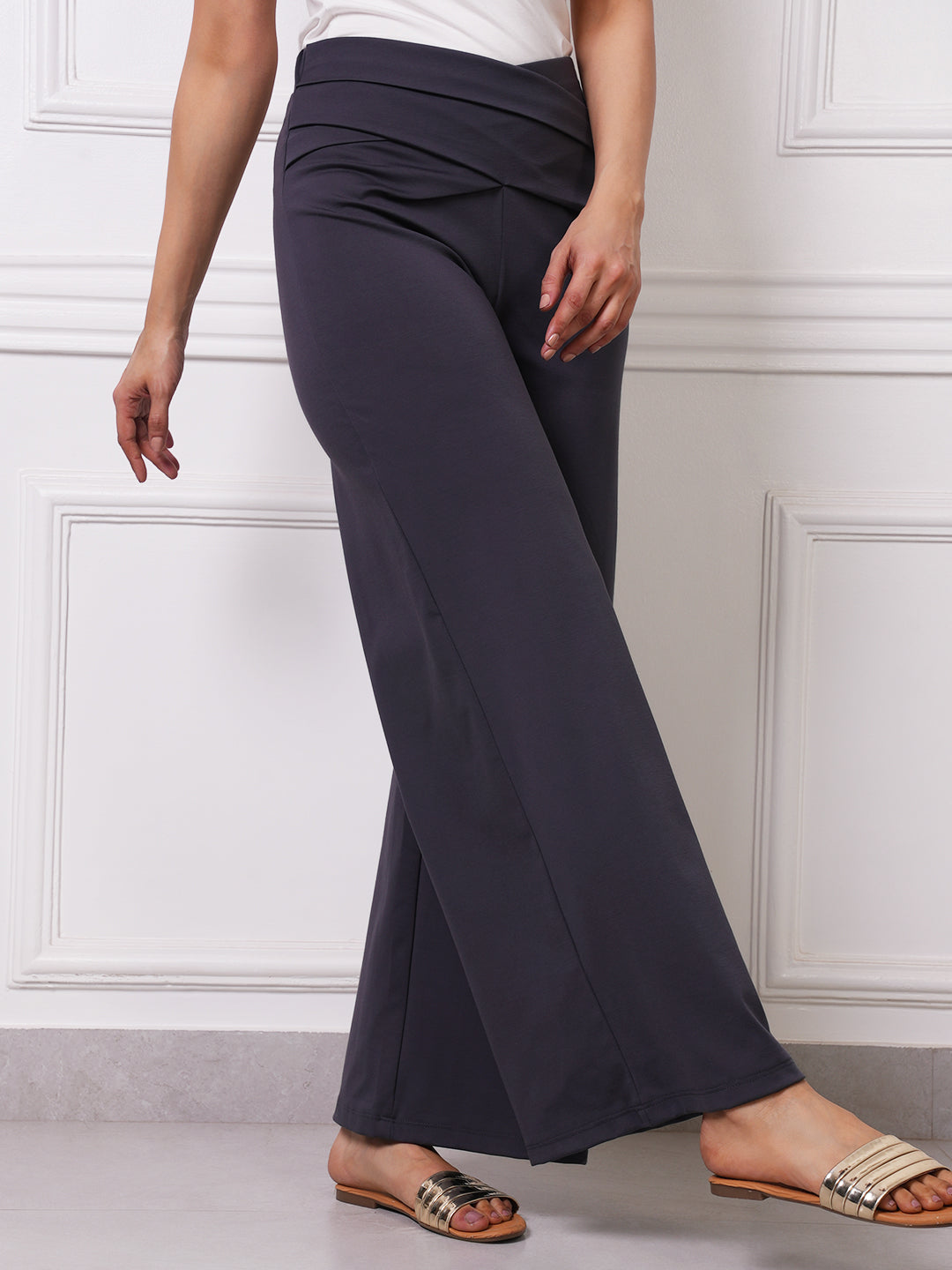 Grey Cross-Waist Wide-Leg Trousers