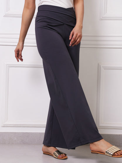 Grey Cross-Waist Wide-Leg Trousers