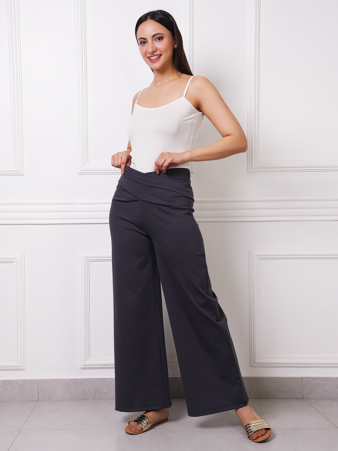 Grey Cross-Waist Wide-Leg Trousers