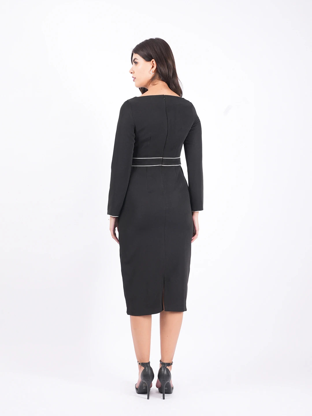Exude Classic Black Contrast-Stitch Midi Dress 