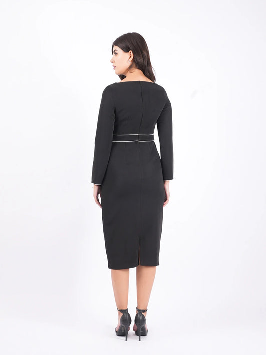 Exude Classic Black Contrast-Stitch Midi Dress
