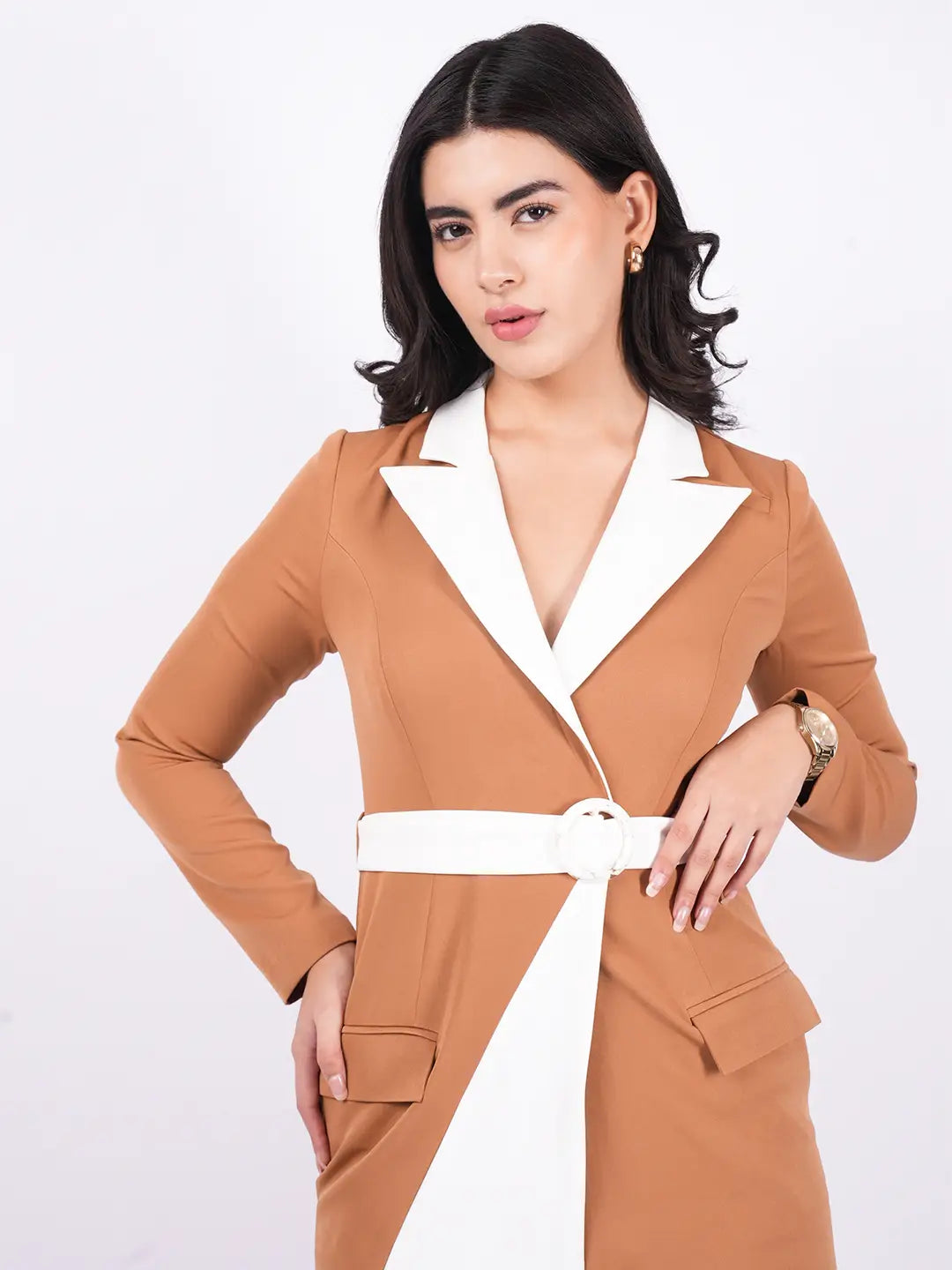 Exude Mocha Contrast Midi Dress Dresses