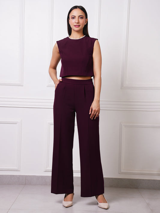 Wine Pearl Neck Crop Top & High-Waist Pleated Wide-Leg Trousers Co-ord Set
