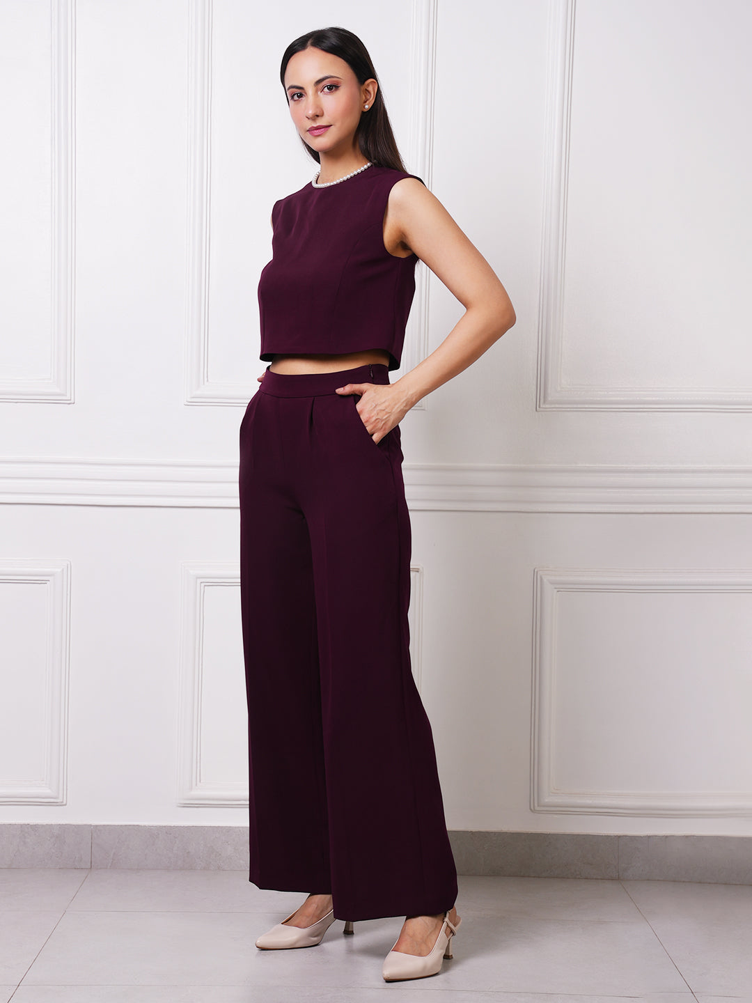 Wine Pearl Neck Crop Top &amp; High-Waist Pleated Wide-Leg Trousers Co-ord Set