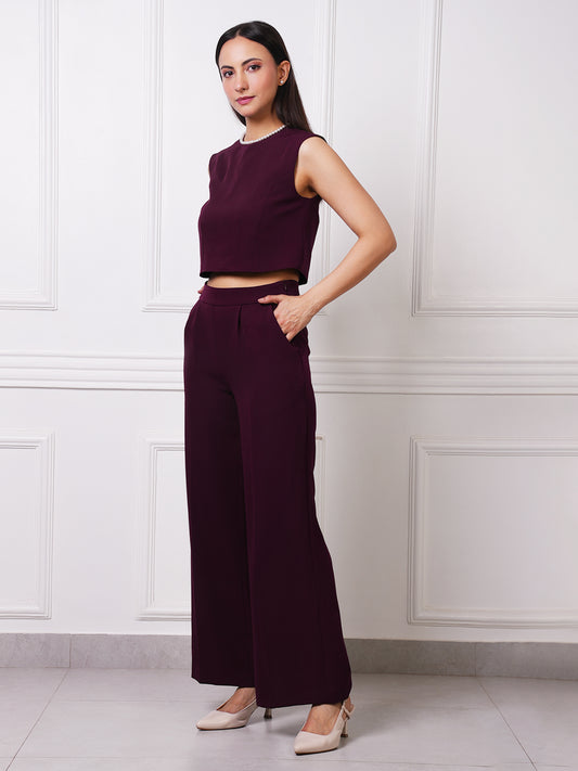 Wine Pearl Neck Crop Top & High-Waist Pleated Wide-Leg Trousers Co-ord Set