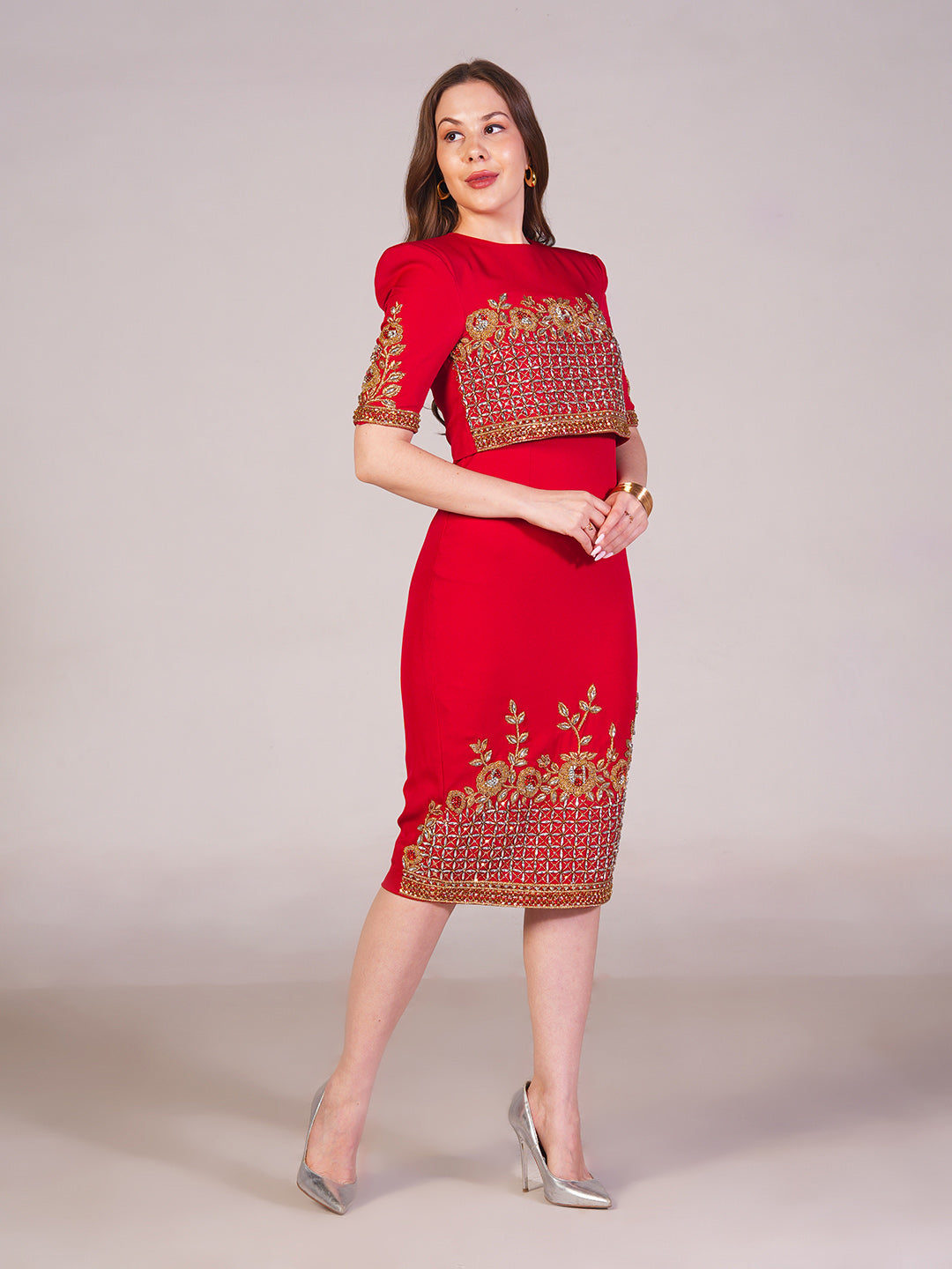 Crimson Luxe Embroidered Dress