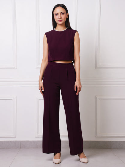 Wine Pearl Neck Crop Top &amp; High-Waist Pleated Wide-Leg Trousers Co-ord Set