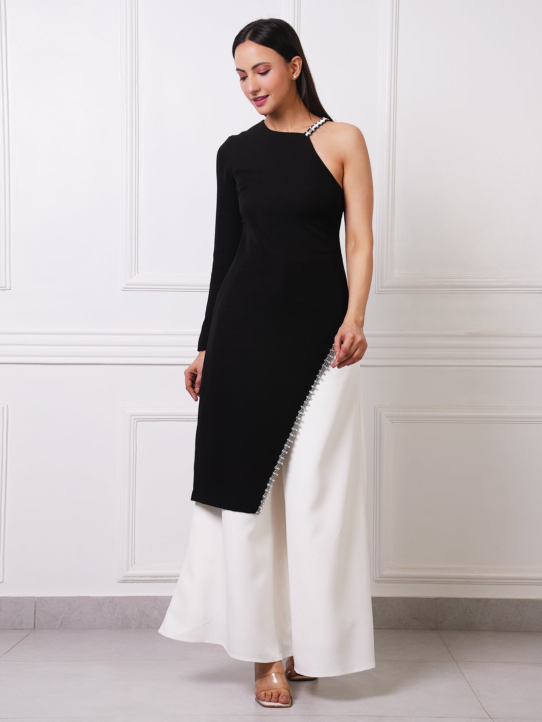 Black &amp; White One-Shoulder Crystal Trim Tunic &amp; Wide-Leg Palazzo Co-ord Set