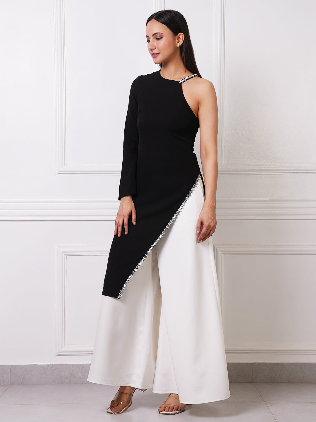 Black &amp; White One-Shoulder Crystal Trim Tunic &amp; Wide-Leg Palazzo Co-ord Set