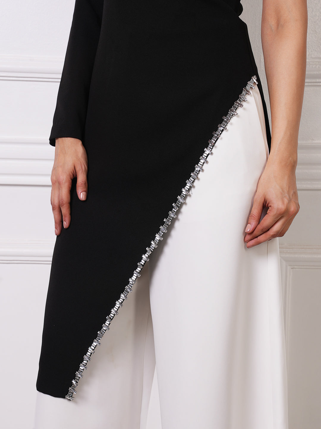 Black &amp; White One-Shoulder Crystal Trim Tunic &amp; Wide-Leg Palazzo Co-ord Set