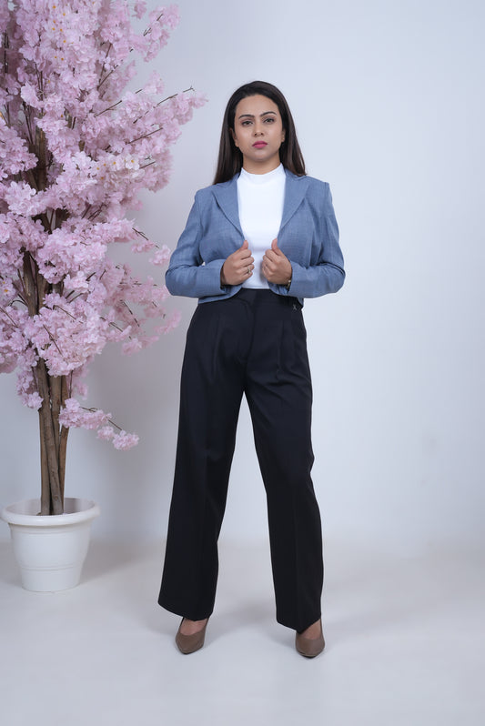 Exude Linen Crop Blazer Blue