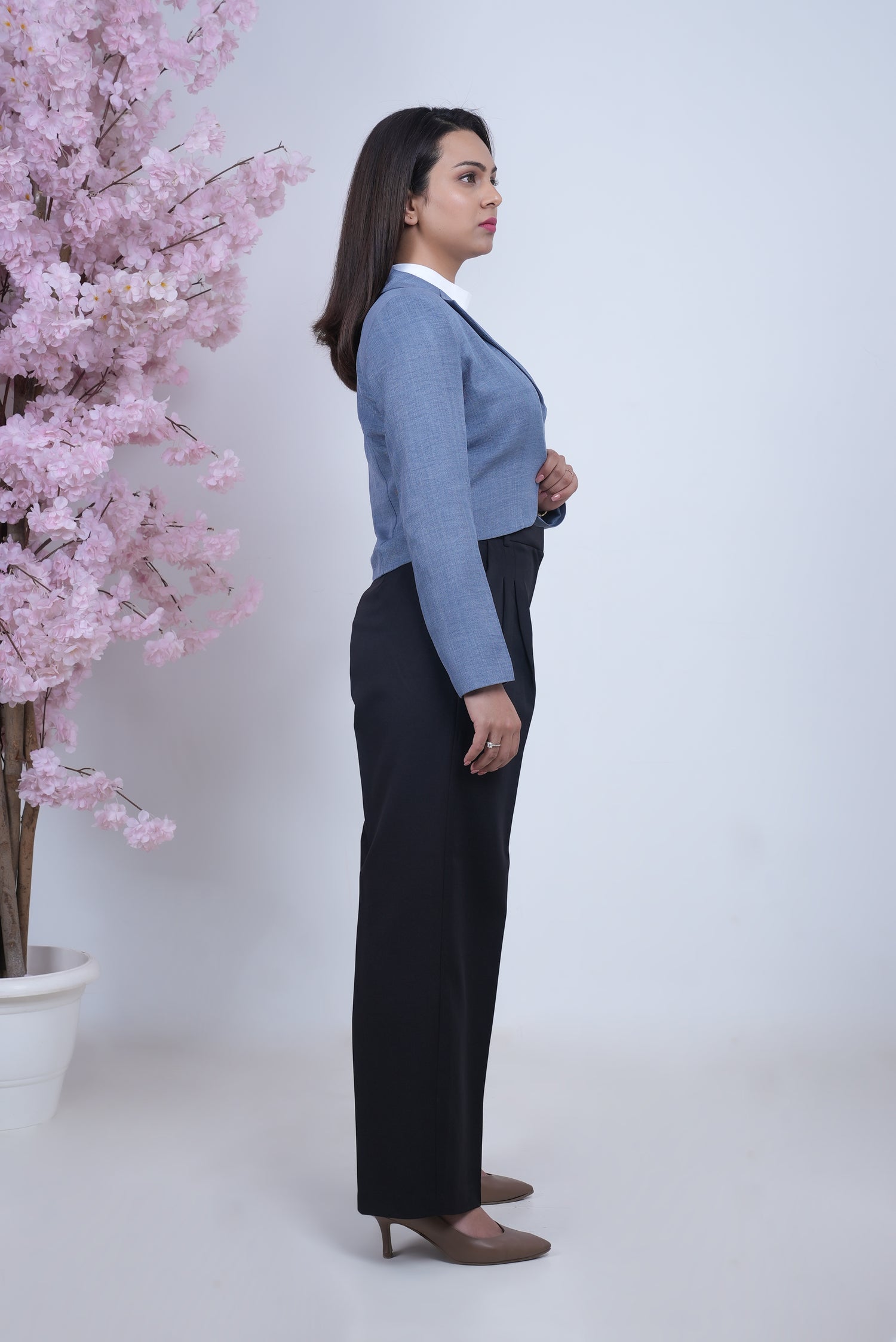 Exude Linen Crop Blazer Blue