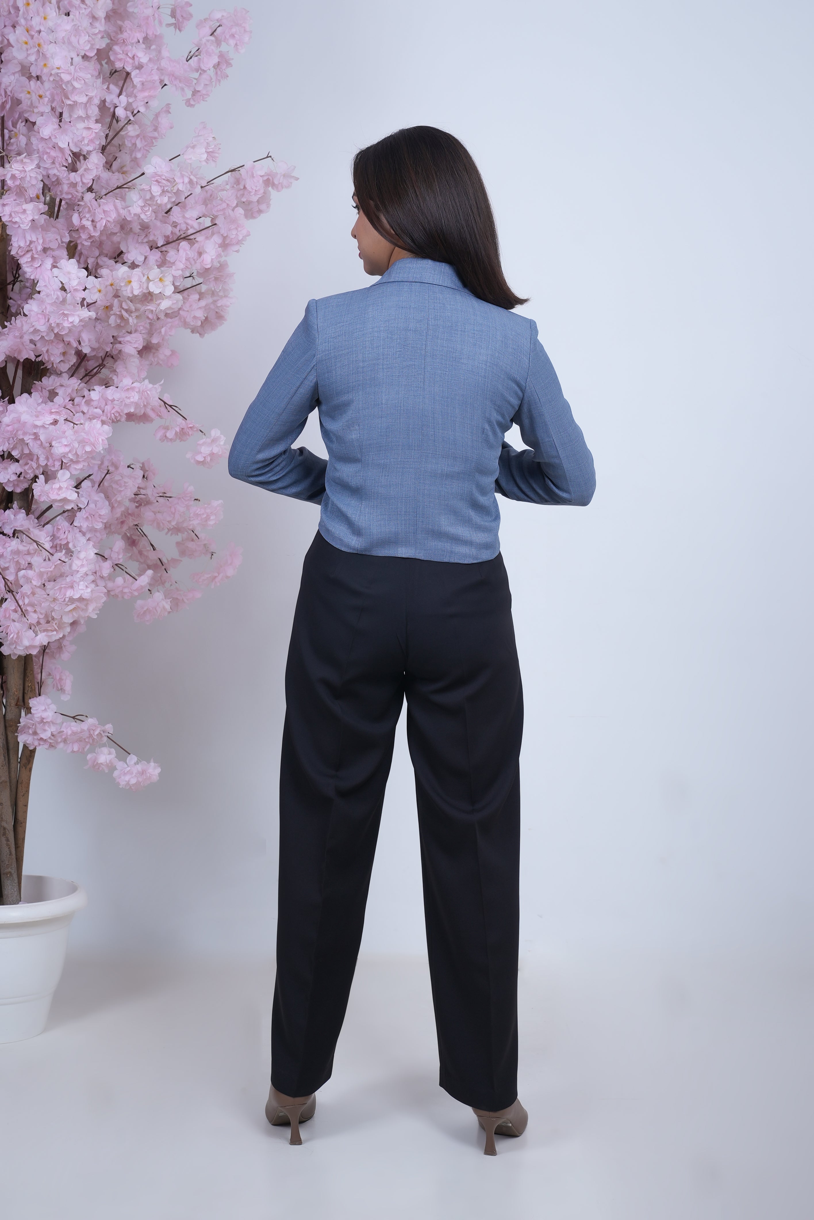 Exude Linen Crop Blazer Blue