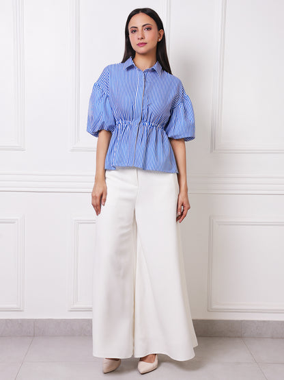 Blue &amp; White Striped Puff Sleeve Peplum Shirt