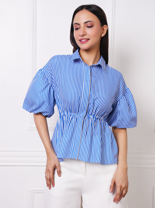 Blue & White Striped Puff Sleeve Peplum Shirt