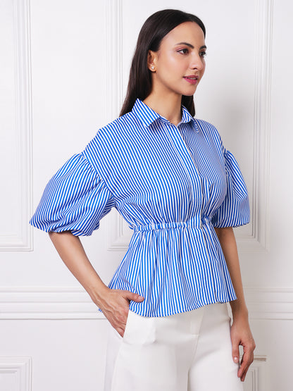 Blue &amp; White Striped Puff Sleeve Peplum Shirt