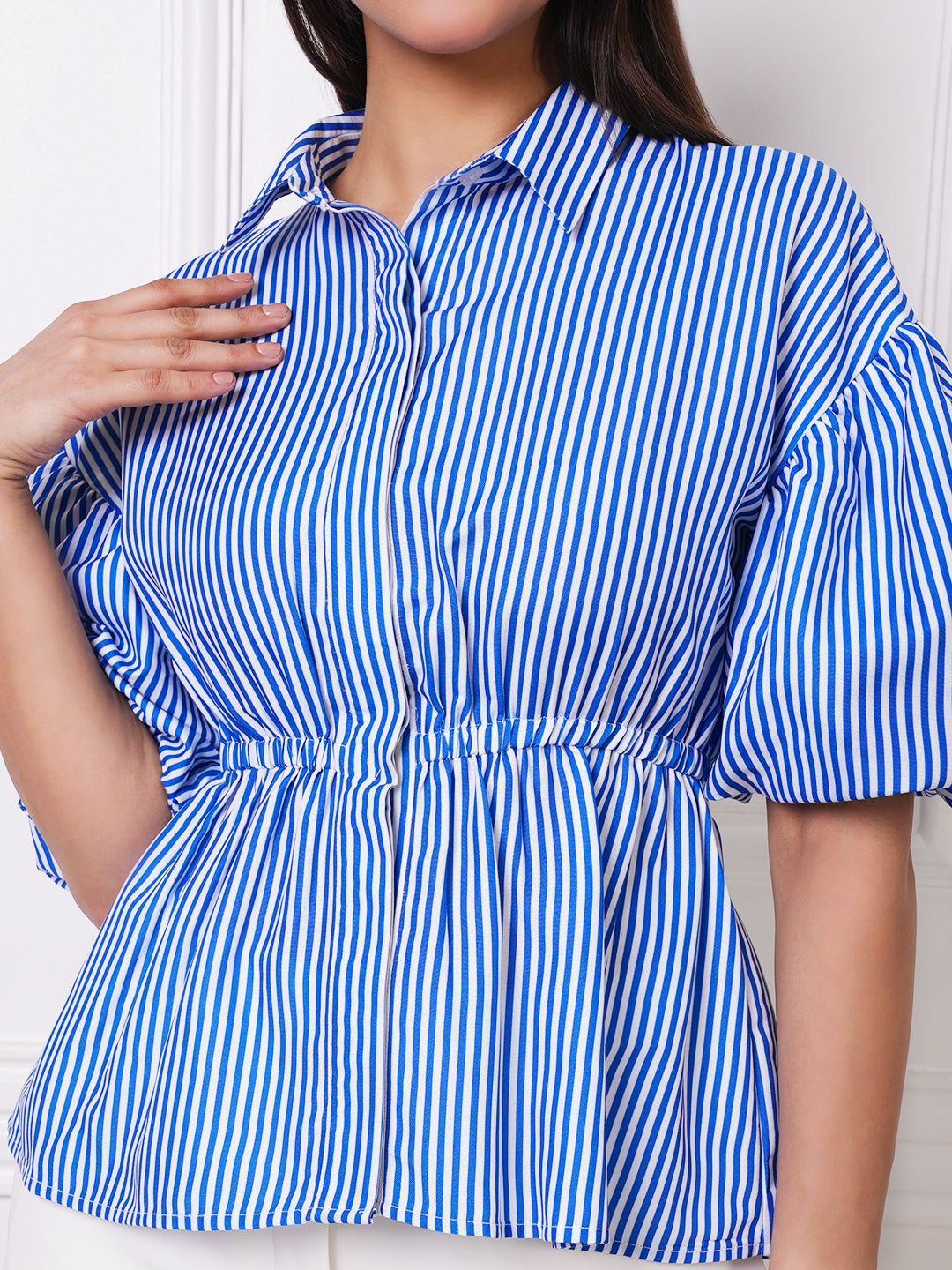 Blue &amp; White Striped Puff Sleeve Peplum Shirt