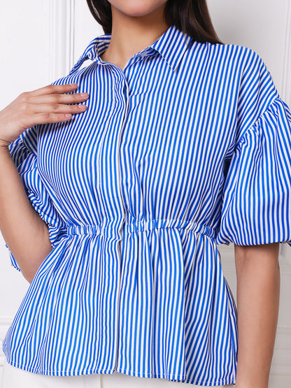 Blue &amp; White Striped Puff Sleeve Peplum Shirt