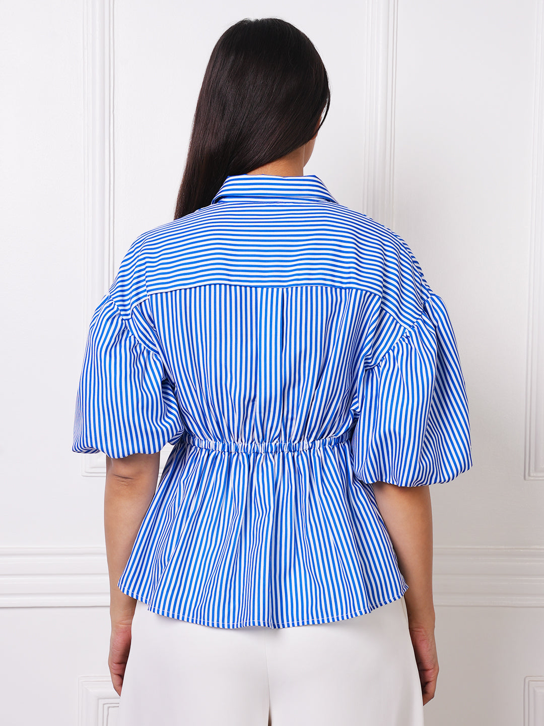 Blue &amp; White Striped Puff Sleeve Peplum Shirt