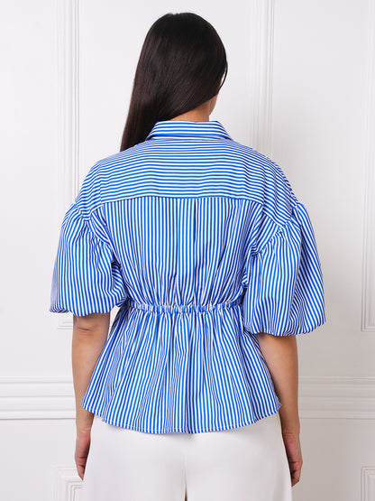 Blue &amp; White Striped Puff Sleeve Peplum Shirt