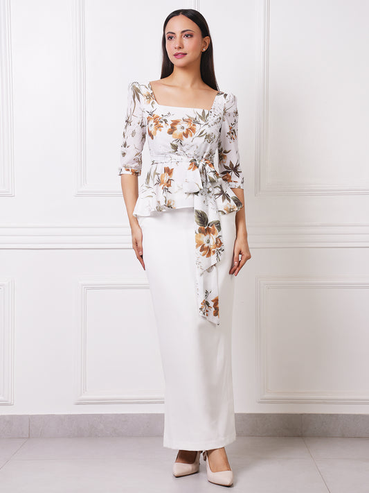 White Floral Peplum Top & Maxi Pencil Skirt Co-ord Set