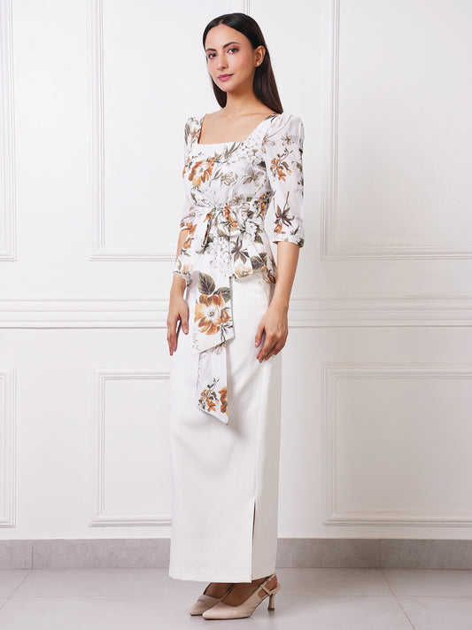 White Floral Peplum Top & Maxi Pencil Skirt Co-ord Set