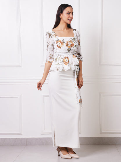 White Floral Peplum Top &amp; Maxi Pencil Skirt Co-ord Set