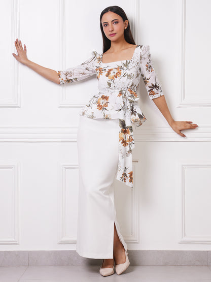 White Floral Print Square Neck Peplum Top