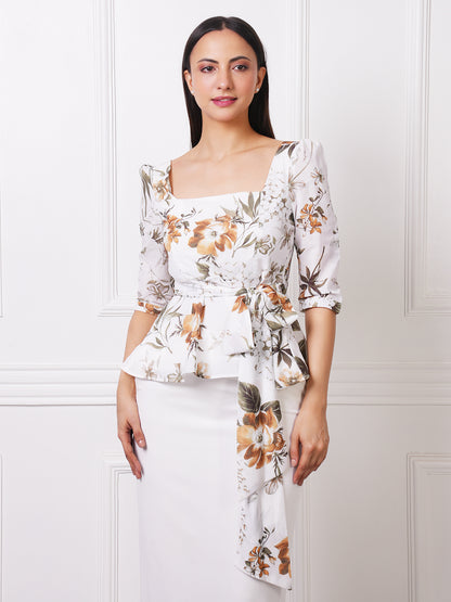 White Floral Print Square Neck Peplum Top