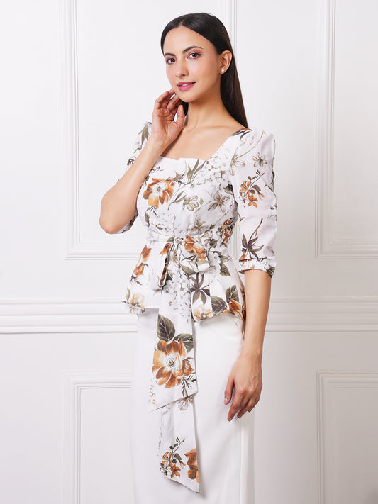 White Floral Print Square Neck Peplum Top