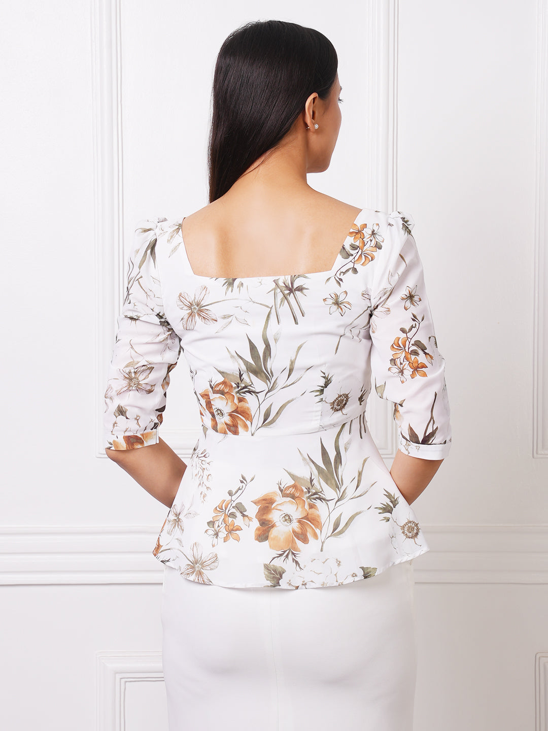 White Floral Print Square Neck Peplum Top