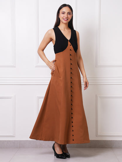 Exude Mocha Two-Tone Button-Front Maxi Dress