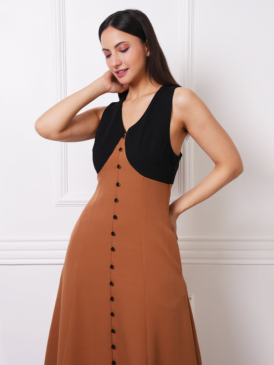 Exude Mocha Two-Tone Button-Front Maxi Dress