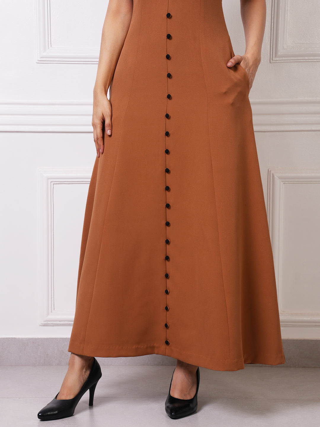 Exude Mocha Two-Tone Button-Front Maxi Dress