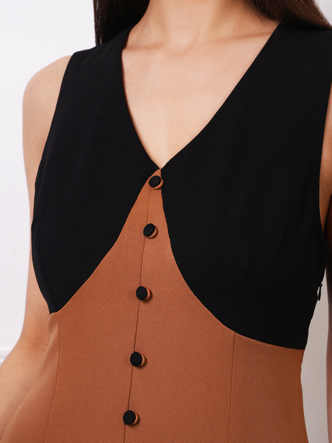 Exude Mocha Two-Tone Button-Front Maxi Dress