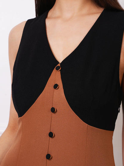 Exude Mocha Two-Tone Button-Front Maxi Dress