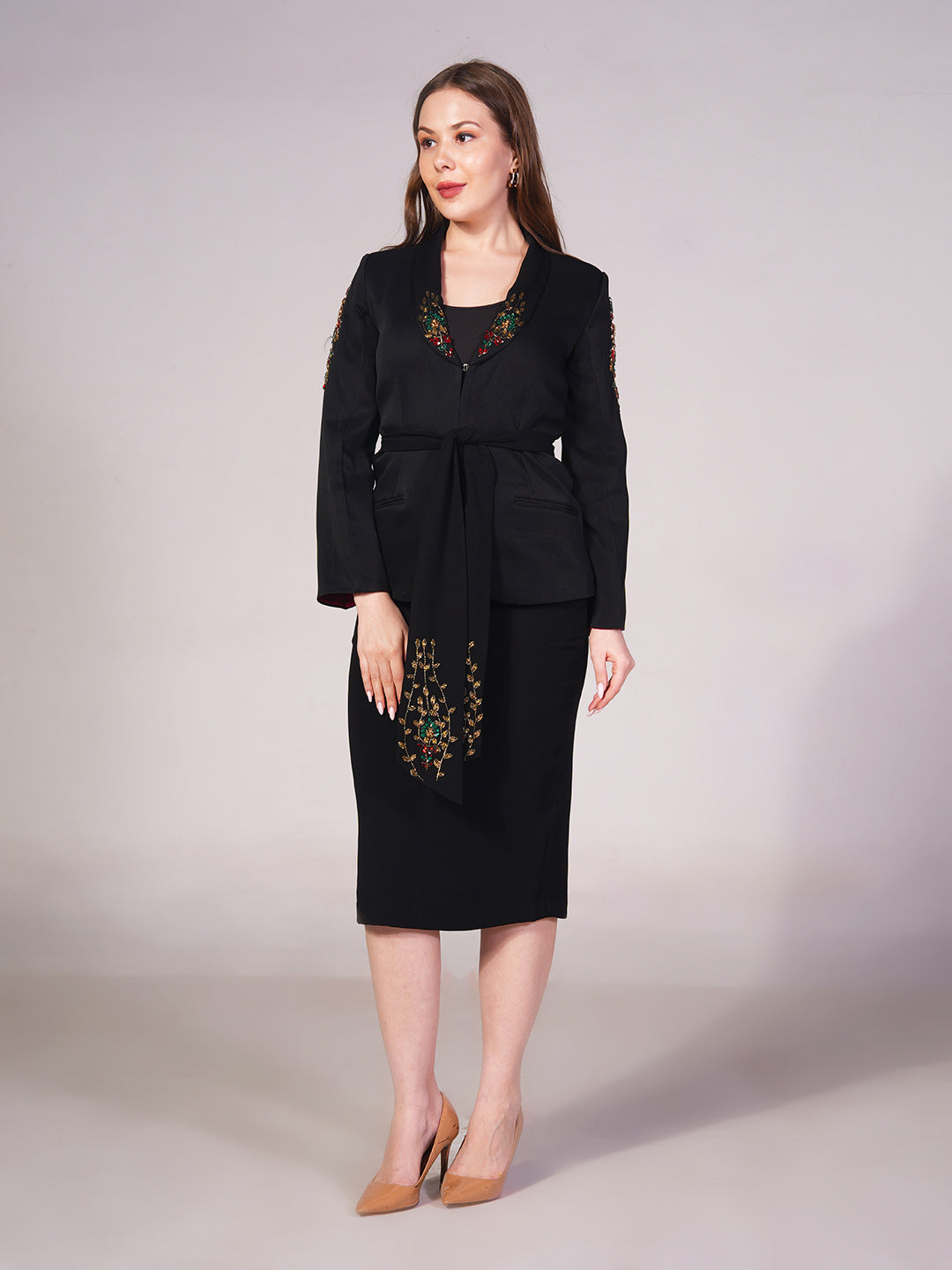 Embroidered Tailored Jacket & Midi Skirt Set