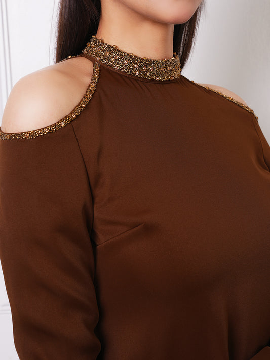 Exude Mocha Aura Embellished Cold-Shoulder Top