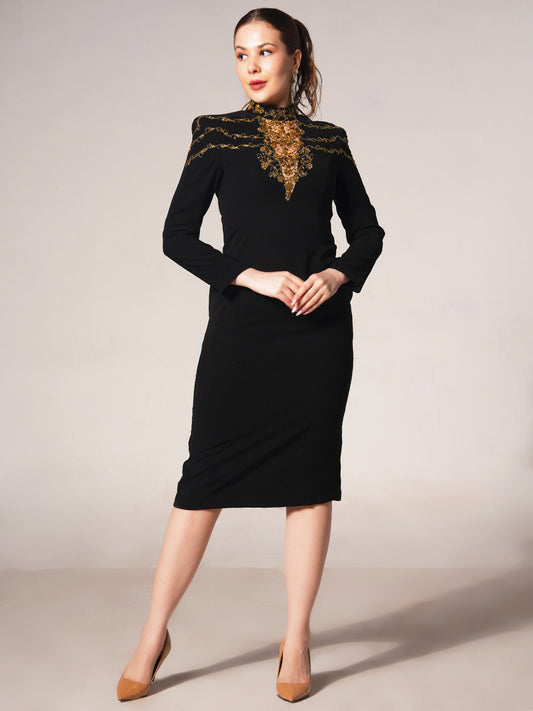 Embroidered High-Neck Midi Dress