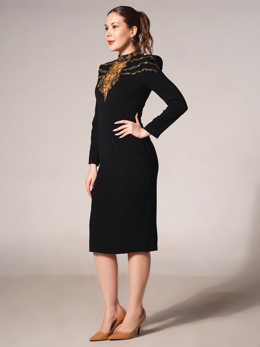 Embroidered High-Neck Midi Dress