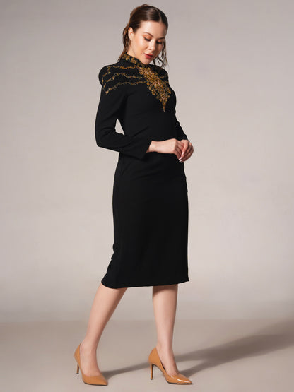 Embroidered High Neck Midi Dress