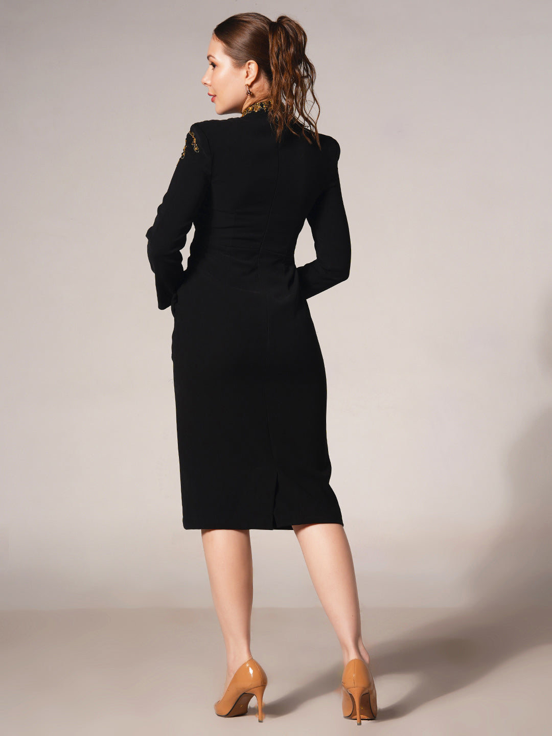 Embroidered High Neck Midi Dress