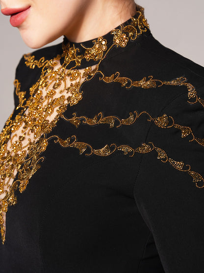 Embroidered High Neck Midi Dress