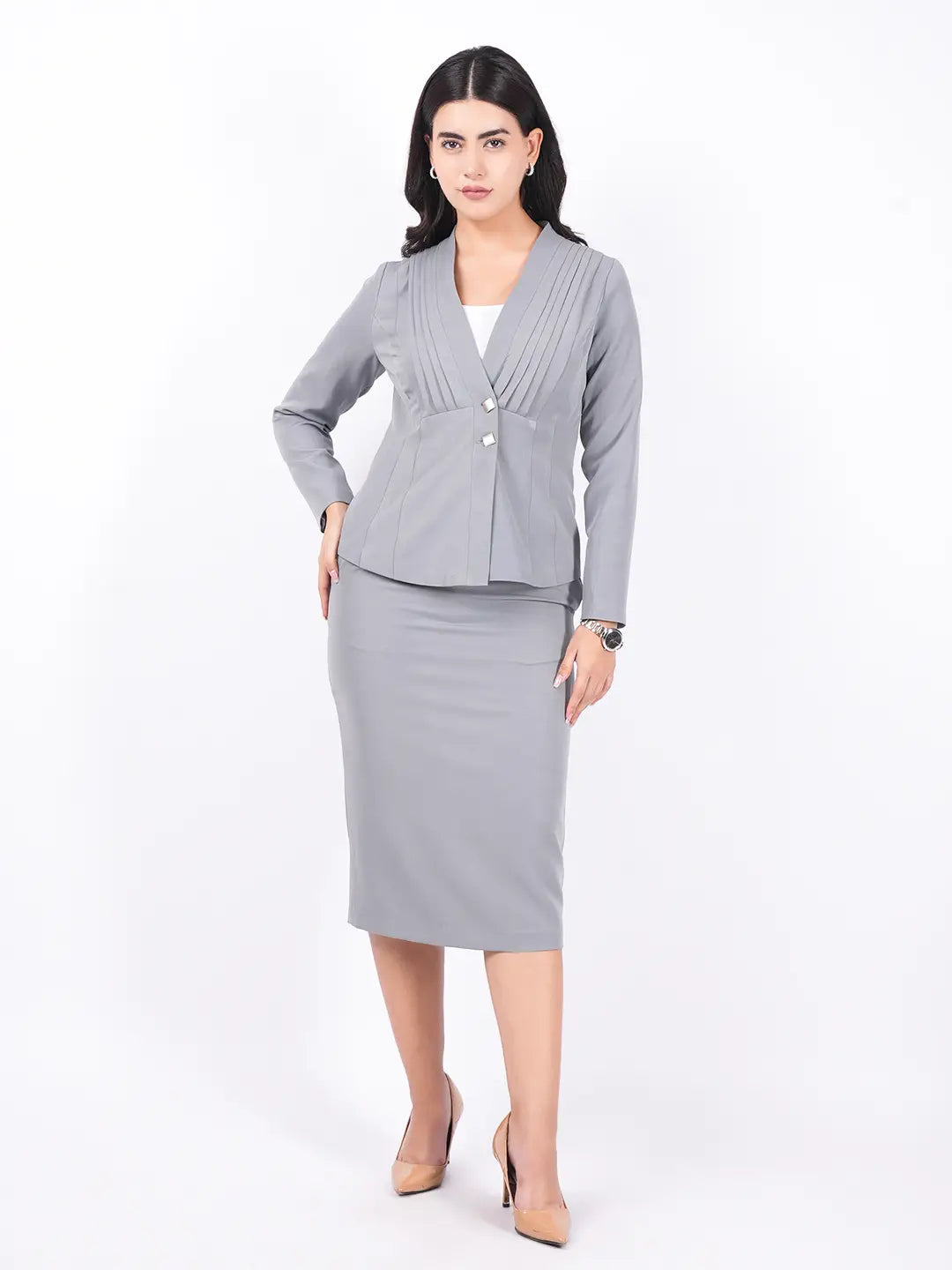 Exude Pleat Effect Blazer with Pencil Fitted Skirt Co-ord Sets