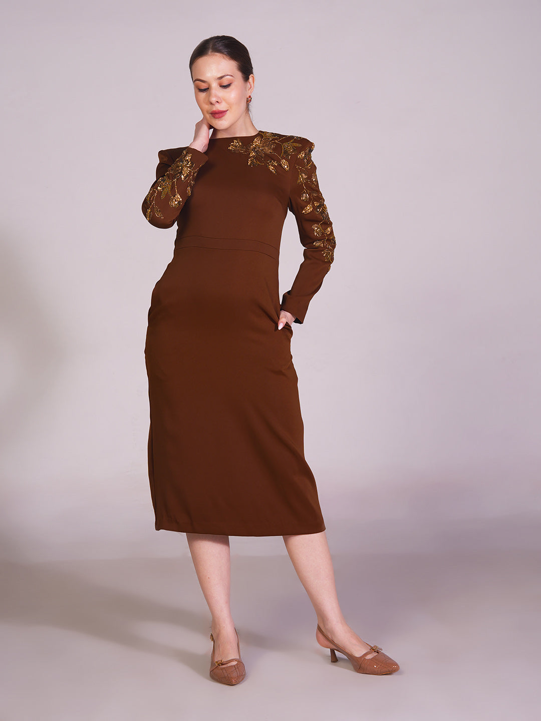 Embroidered Shoulder Sheath Dress