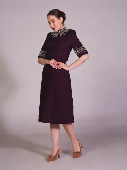 Embellished High-Neck A-Line Dress